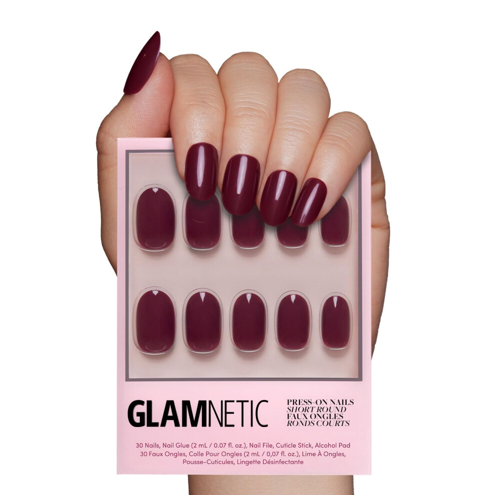 Glamnetic Red Press On Nails - Berry Maroon | Opaque Dark Maroon Short Round False Nails Reusable Stick On Fake Nails With Glue | Salon Quality