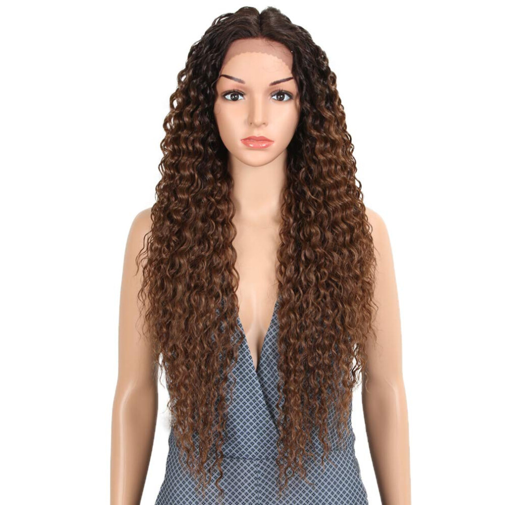 Joedir Lace Front Wigs Ombre Brown 28'' Long Small Curly Wavy Synthetic Wigs For Black Women 130% Density Wigs(Tt6/30)