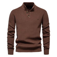 (SW833-Coffee, EUR S 60-70kg) Modern Mens Mock Neck Button up Cotton Pullover Sweaters Casual Social Knit Turtleneck Autumn Winter Sweaters for Men