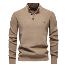 (SW833-Khaki, EUR M 70-80kg) Modern Mens Mock Neck Button up Cotton Pullover Sweaters Casual Social Knit Turtleneck Autumn Winter Sweaters for Men