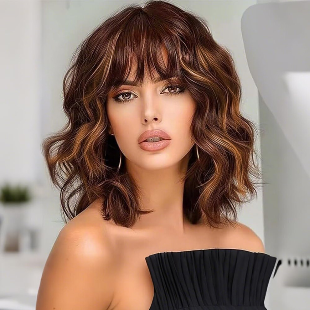 Ucubb Unisex Short Bob Wavy Wig With Bangs For Women Loose Curly Wig Look Natural Shoulder Length Bob Wigs