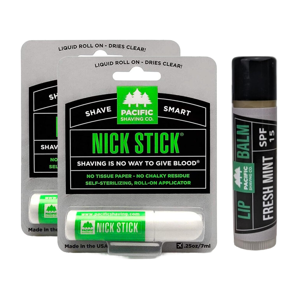Pacific Shaving Company 2 Nick Sticks + 1 Fresh Mint Lip Balm SPF 15 - A Shave Essential - Puts Nicks in Their Place - Liquid Roll-On Applicator