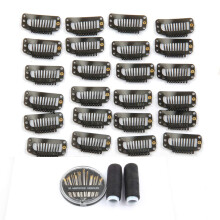 JFFX 50 Pieces Hair Extensions Clips Stainless Steel Snap Clip for Wigs 9-teeth 32mm 2pcs Weaving Thread 30pcs Sewing Needles (Black)