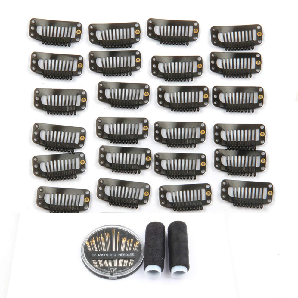 Jffx Unisex Black 50 Pieces Hair Extensions Clips Stainless Steel Snap Clip For Wigs 9-Teeth 32Mm 2Pcs Weaving Thread 30Pcs Sewing Needles (Black)