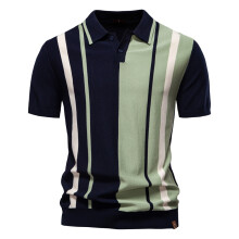 (PSD8021-navy, EUR XXL 95-105kg) Classic Brand Men's Striped Mesh Polo Shirt for High Quality Breathable Fabric Stylish Casual Male Polo Shirts