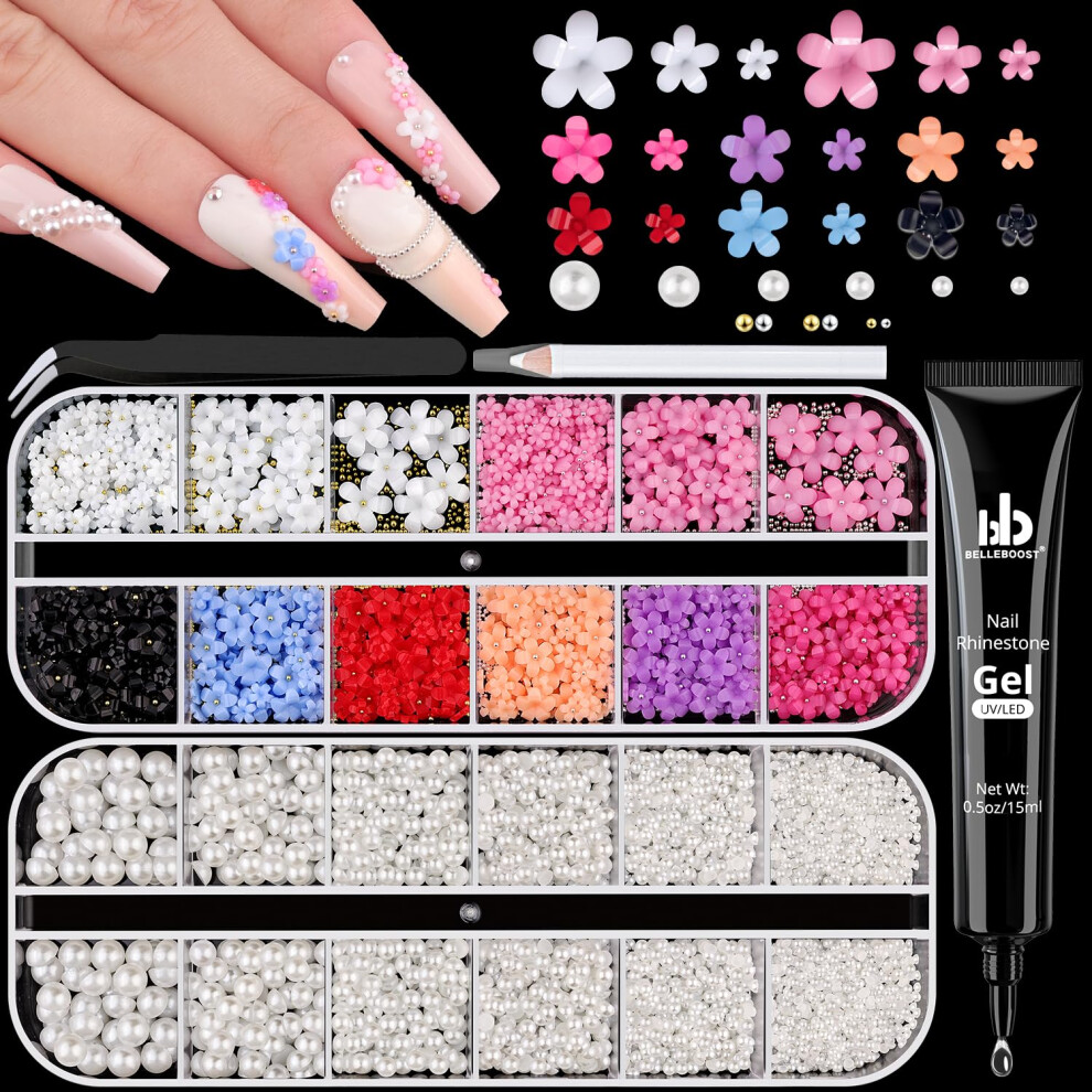 Belleboost White Pearls Nail Charms - Flatback Pearls 3D Flowers & Rhinestones Glue Gel For Nail Art