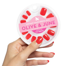 Olive & June Instant Mani Press On Nails (Glue) | Cherry Red | Short Squoval | 42 Fake Nails 21 Sizes | Non-Toxic Long-Lasting | Recycled Material
