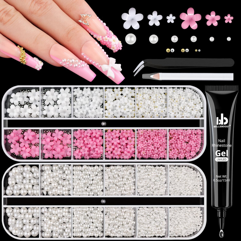 Belleboost White Flatback Pearls And 3D Flowers With Rhinestones Glue Gel For Nail Art Pearl And Flower Nail Charms With Mini Round Caviar Beads