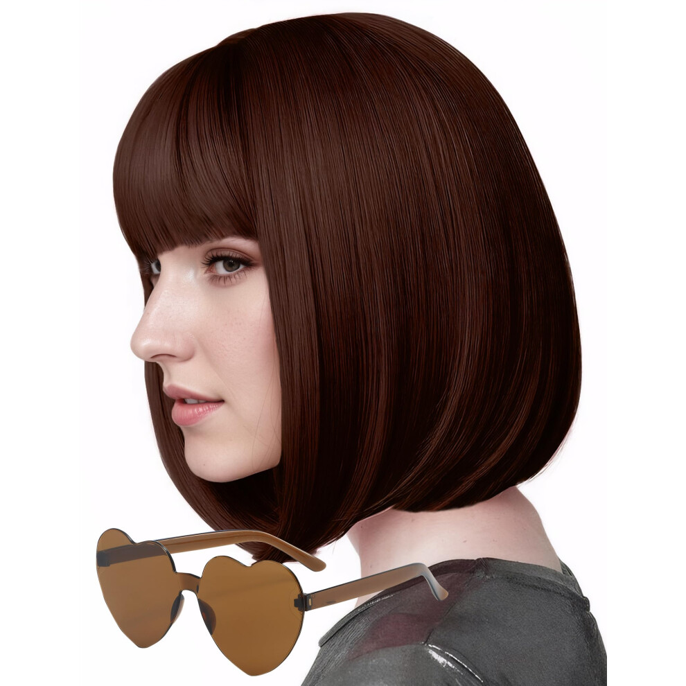 Miuskatl Unisex Brown Wig And Sunglasses 12 Inch Short Bob Wigs With Bangs For Women Costume Cosplay Party (Reddish )
