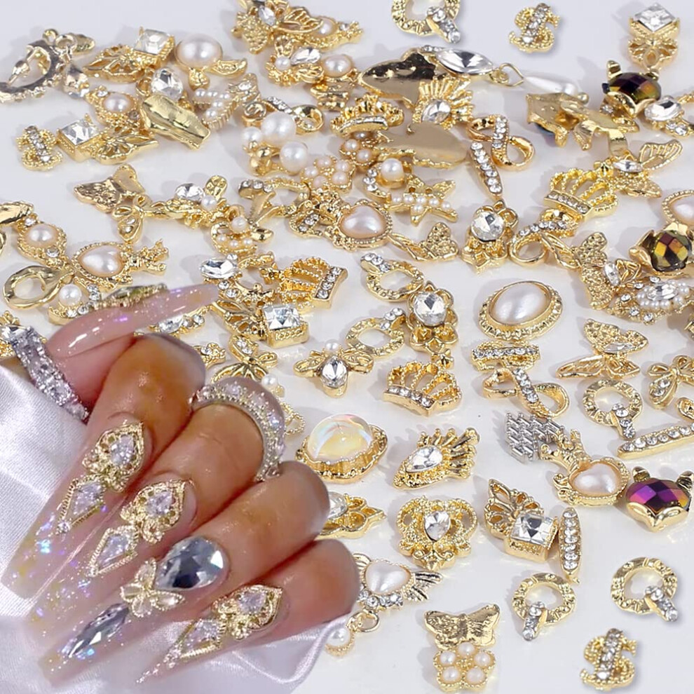 Dornail Gold 50Pcs Nail Charms For Acrylic Nails Mix Styles Shiny Pearl Alloy Nail Rhinestones Flower Butterfly Heart Star Charms For Nails Wome