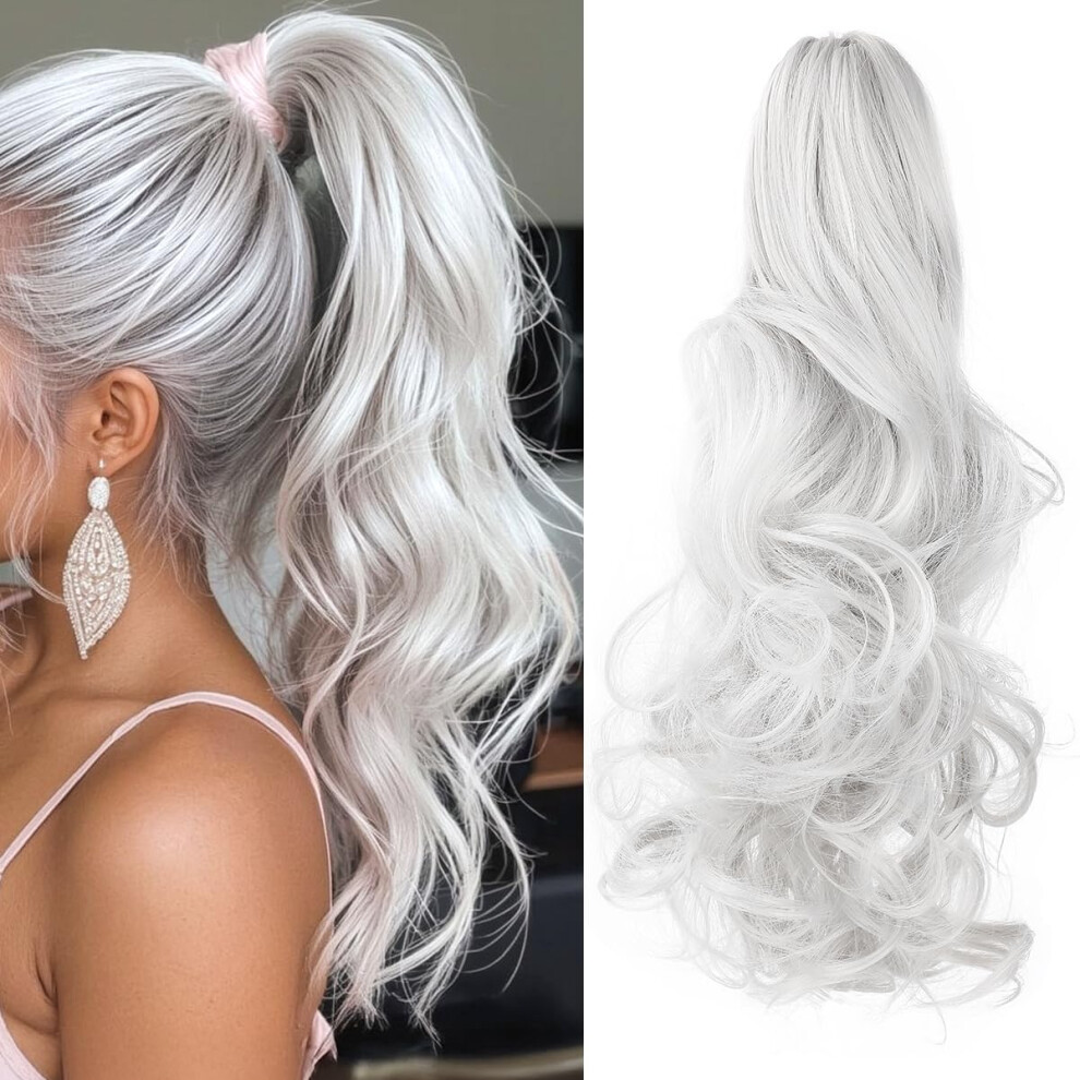 Felendy Ponytail Extension Claw 18"""" 20"""" Curly Wavy Straight Clip In Hairpiece One Piece A Jaw Long Pony Tails For Women Grey Silver