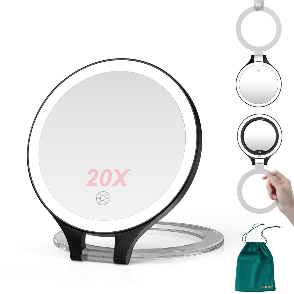 Mocado Travel Makeup Mirror With Light 1X/20X Magnifying Mirror With Light Double Sides Travel Mirror With 3 Color Light Dimmable Touch 1500M