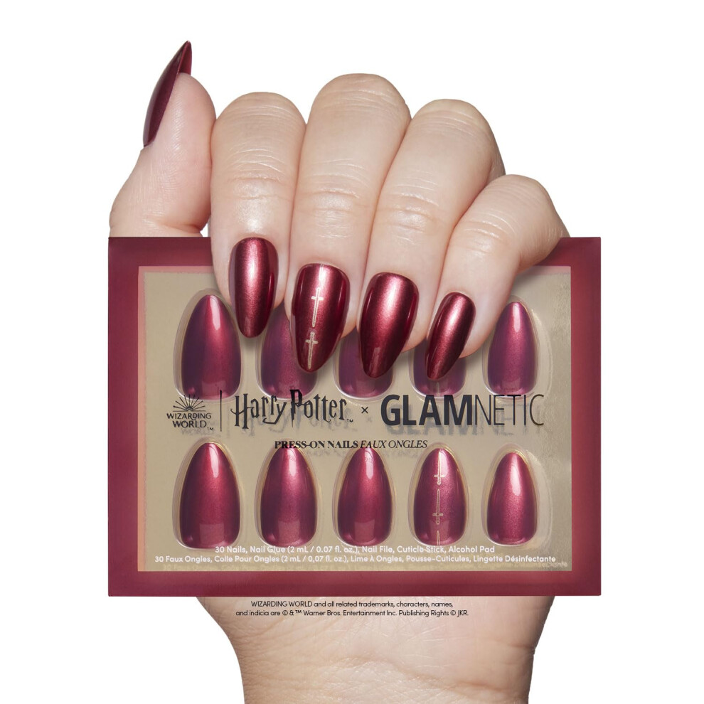 Glamnetic Red Harry Potter X Press On Nails - Gryffindor | Scarlet Lightning Graphic Short Almond False Nails Reusable Stick On Fake Nails With