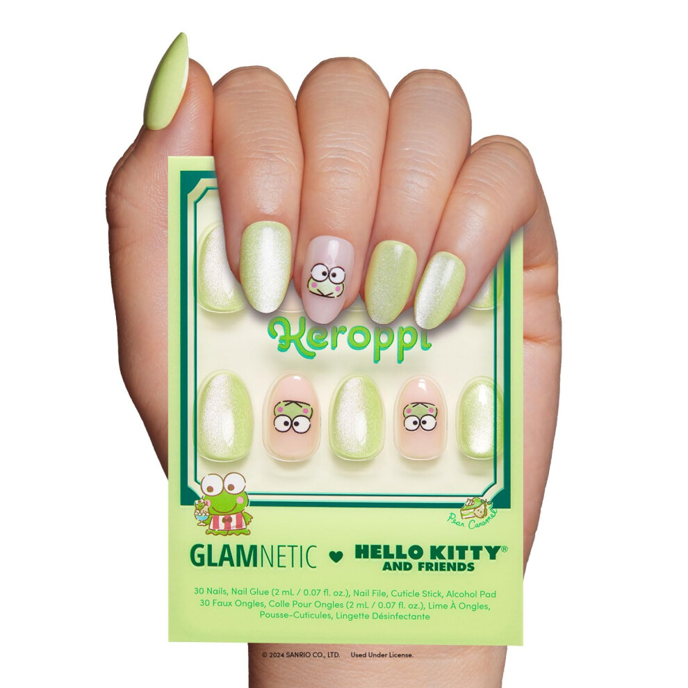 Glamnetic Green X Hello Kitty And Friends Press On Nails - Keroppi | Short Oval Pastel Graphic Fake Nails In A Velvet Finish | 15 Sizes - 30 Nail