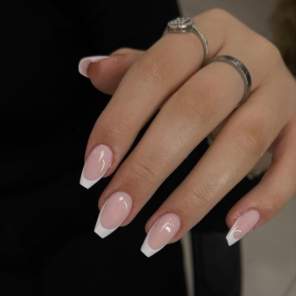Sxvme White 30Pcs French Tip Press On Nails Short Coffin Nails Press Ons Short Fake Nails T Shaped Acrylic French Glue On Nail False For Women Natura