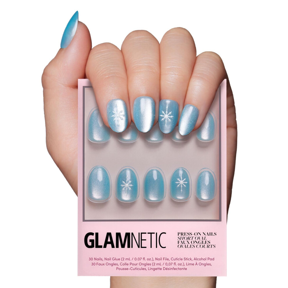 Glamnetic Blue Press On Nails - Subzero | Opaque Pale Icy Snowflake Graphic Short Oval False Nails Reusable Stick On Fake Nails With Glue | Salo