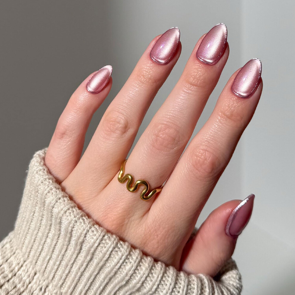 Glamnetic Pink,Gold Press On Nails - Mertini | Short Almond Pink Cat Eye Fake Nails With Raised Gold Foil Accents Salon Quality Summer Nails | 15 Sizes