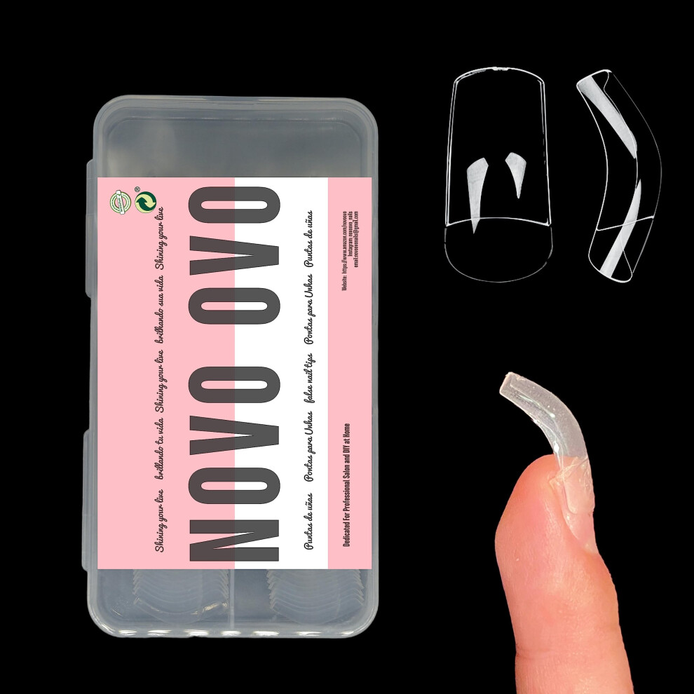Novo Ovo 120 Pcs Hawk Curved Transparent Clear Cystal Extra Super Extreme Deep Curve Half Cover Short Square Tapered Eagle Claw False Nail Extens