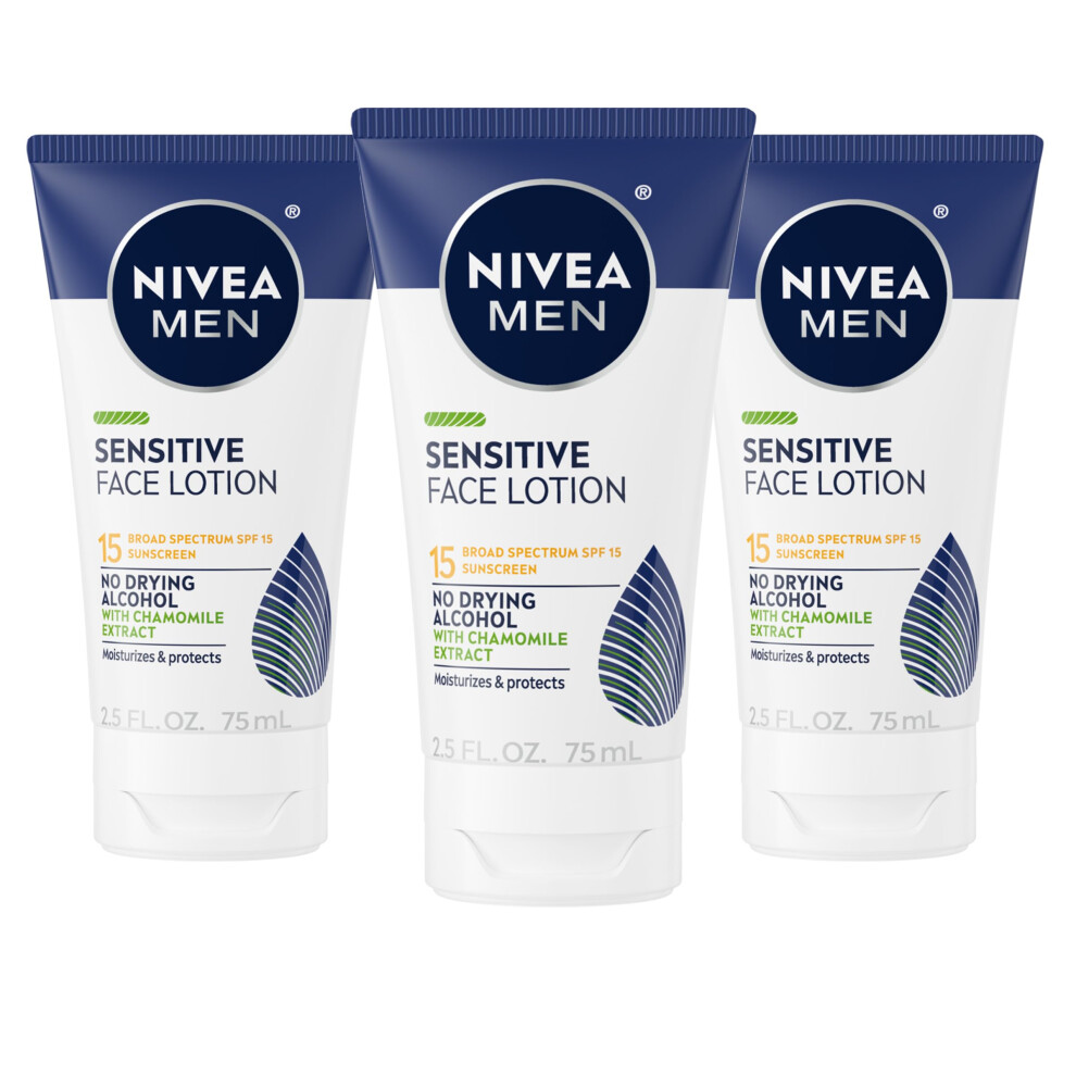 NIVEA MEN Sensitive Face Lotion with SPF 15 Broad Spectrum Sunscreen 3 Pack of 2.5 Fl Oz Tubes