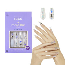 KISS Unhas Press On Majestic, Cola de Unhas Incluída, 'Your Grace', Azul Claro, Tamanho Longo, Formato Coffin, 30 Unhas