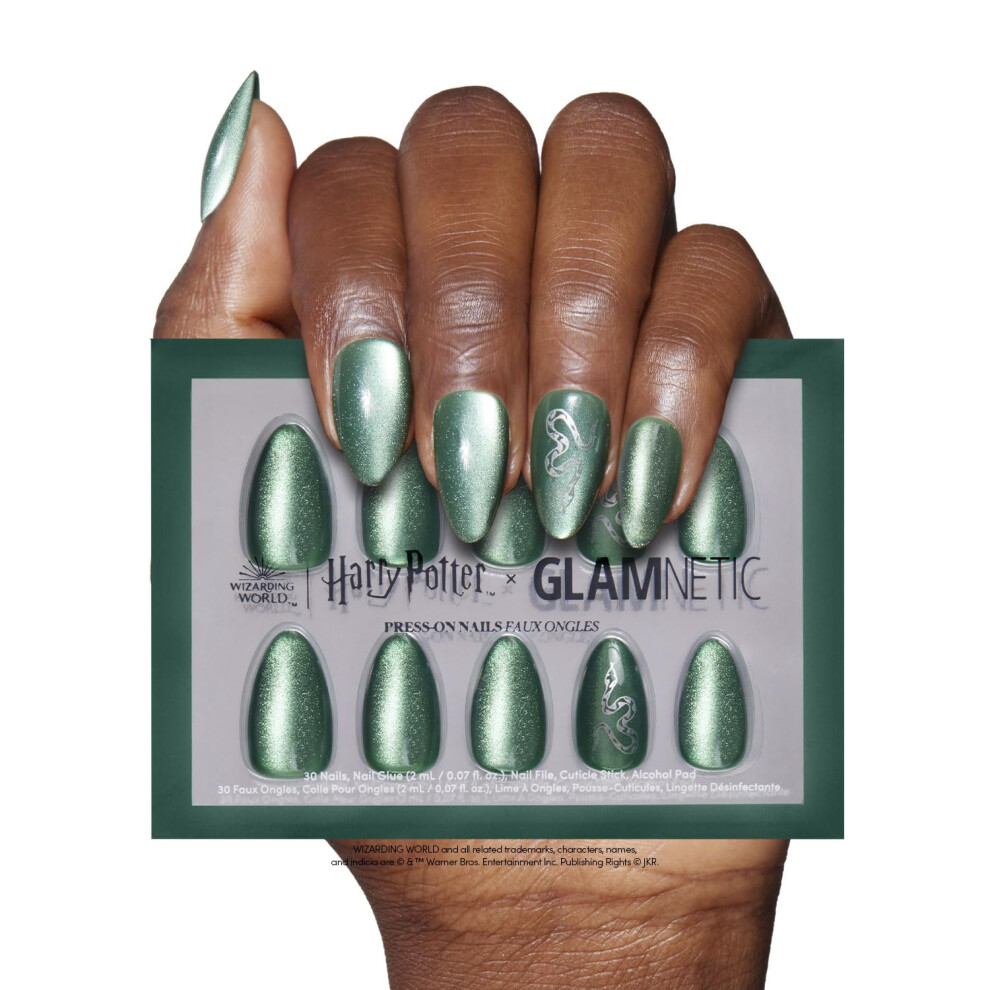 Glamnetic Green Harry Potter X Press On Nails - Slytherin | Velvet Snake Serpent Graphic Short Almond False Nails Reusable Stick On Fake Nails W
