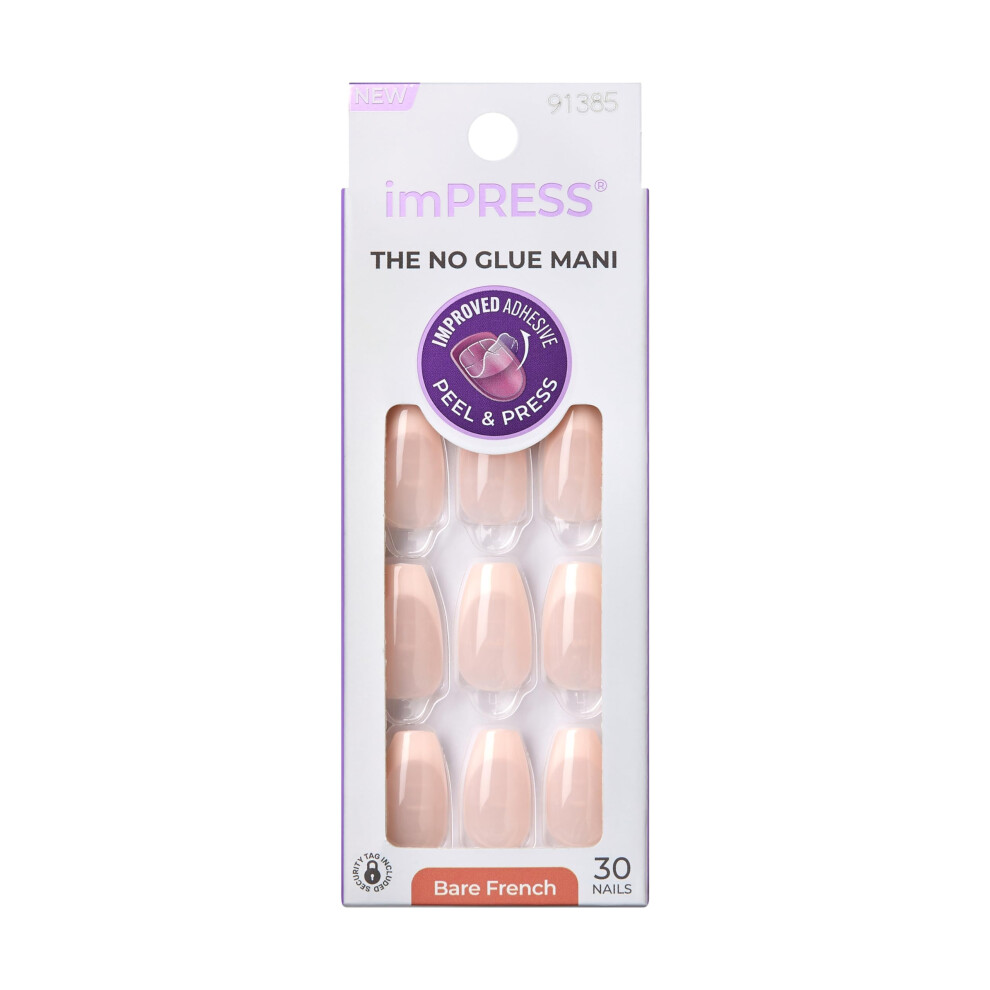 Impress White Kiss No Glue Mani Press-On Nails French 'Genuine' Light Neutral + Tip French Medium Size Coffin Shape Includes 30 Nails Prep