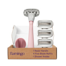 Flamingo 5-Blade Scheermes voor Vrouwen - 1 Handvat + 4 Navullingen + 1 Douchehouder - Roze