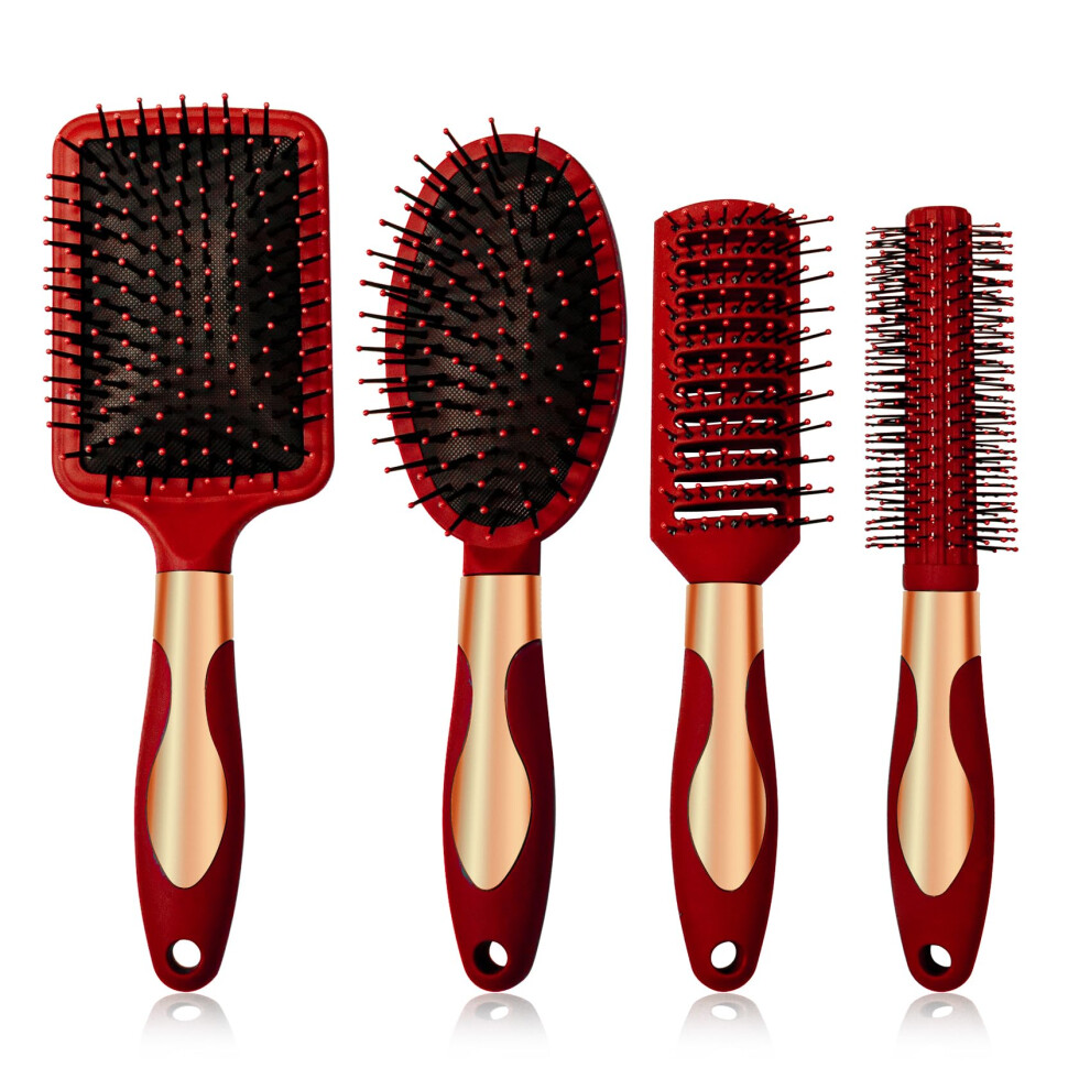 Useeshine Red Hair Brush Set Anti Static Massage Oval Comb Round Hair Brush Vent Hair Brush Detangling Brush Paddle Brush For Women Men