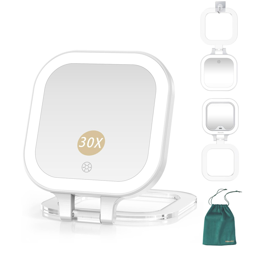 Mocado Light Compact Travel Makeup Mirror 1X/30X Magnifying Mirror With Double Sides Compact Mirror With 3 Color Dimmable Handheld Mirro