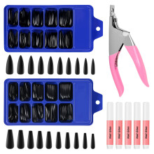 200PCS Black Coffin Acrylic False Nail Tips with Nail Cutter Nail Tips Glue - Pure Color Long Ballerina Acrylic Nail Set Full Cover Long Stilett