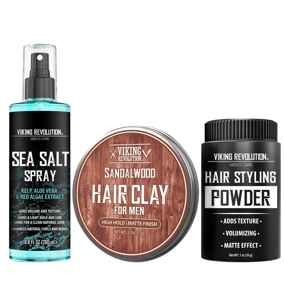 Viking Revolution Sea Salt Spray for Hair Men (8fl oz) Matte Sandalwood Hair Clay (2 oz) and Hair Styling Powder for Men (1oz) - Men Hair Stylin