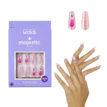 KISS Majestic Unhas Postiças, Cola incluída, 'Lovely Bubbly', Rosa, Tamanho Longo, Forma Coffin, 30 Unhas