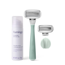 Conjunto de lminas de barbear Flamingo para mulheres 1 cabo de barbear feminino (Sage) 2 recargas de cinco lminas de barbear 1 ona. Gel de bar
