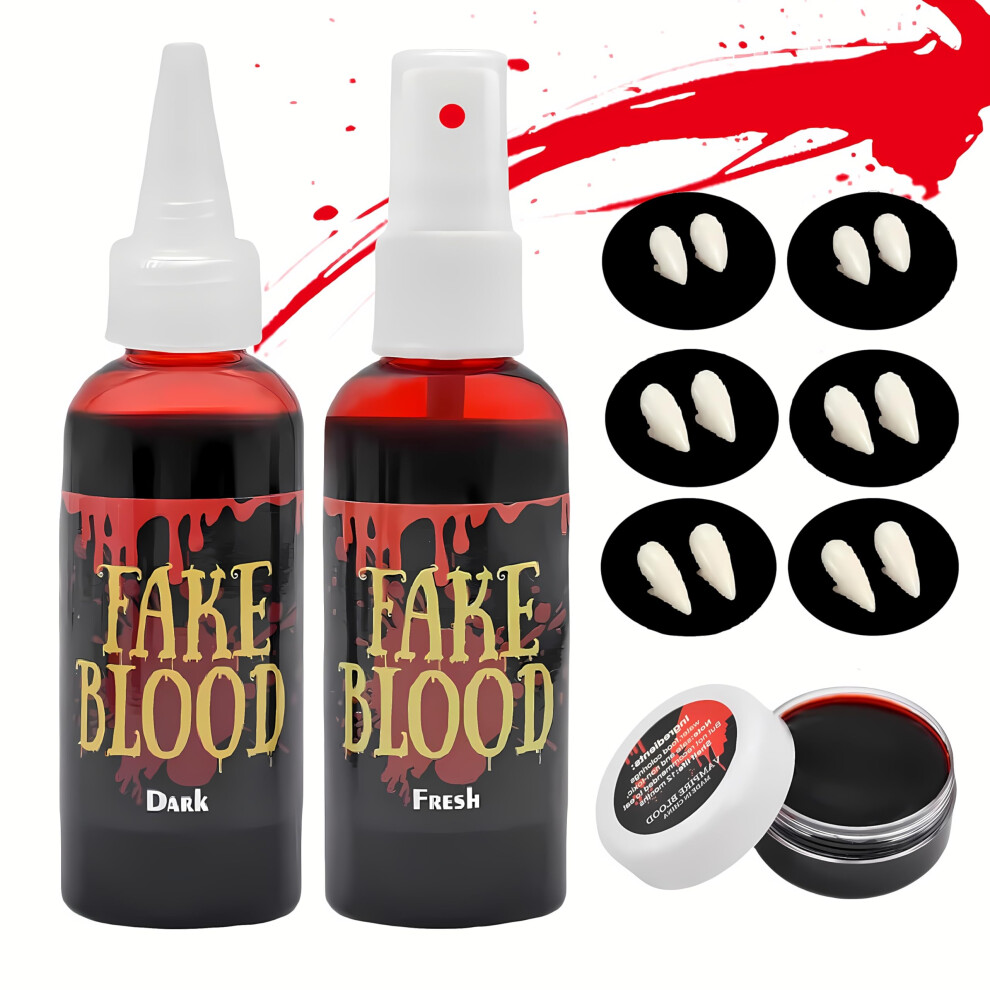 Halloween Fake Blood SFX Makeup Kit 12 PCS Horror Fangs+2.1oz Fake Blood Spray+2.1oz Dripping Blood+1.05oz Coagulated Gel Blood Realistic Effects