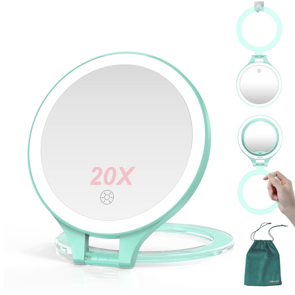 Mocado Travel Makeup Mirror With Light 1X/20X Magnifying Double Sided 3 Color Light Dimmable Touch Rechargeable Tabletop Standing Green