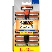 BIC Comfort 3 Navulbare Wegwerp Scheermesjes voor Mannen, Gevoelige Huid, 1 Handvat en 12 Cartridges