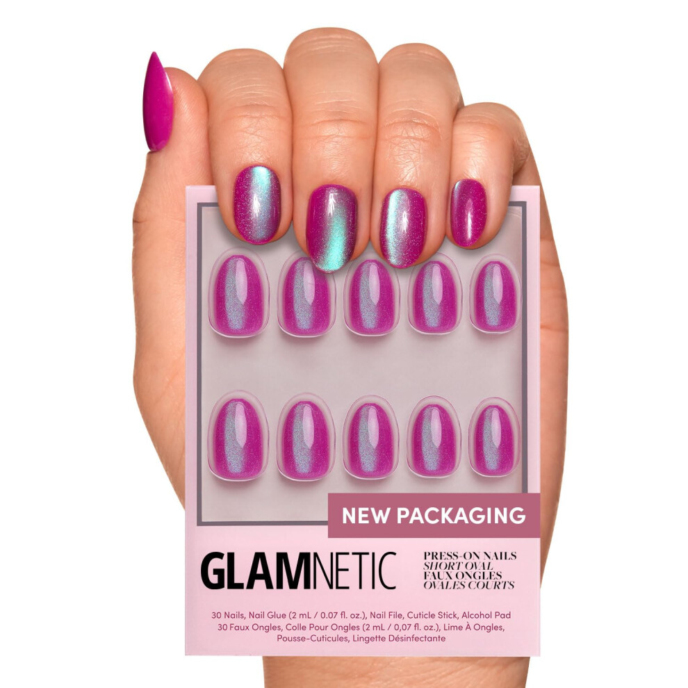 Glamnetic Magenta Press On Nails - Berry Fizz | Short Oval, Nails With A Mesmerizing Metallic Finish | 15 Sizes - 30 Nail Kit With Glue