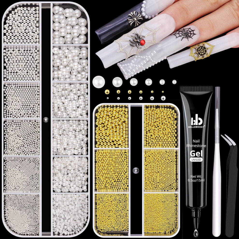 Belleboost White/Silver/Gold Flatback Pearls () And Metal Nail Beads (+Gold) With Rhinestones Glue Gel For Nail Art Pearl Nail Charms And Round Caviar Beads Nail