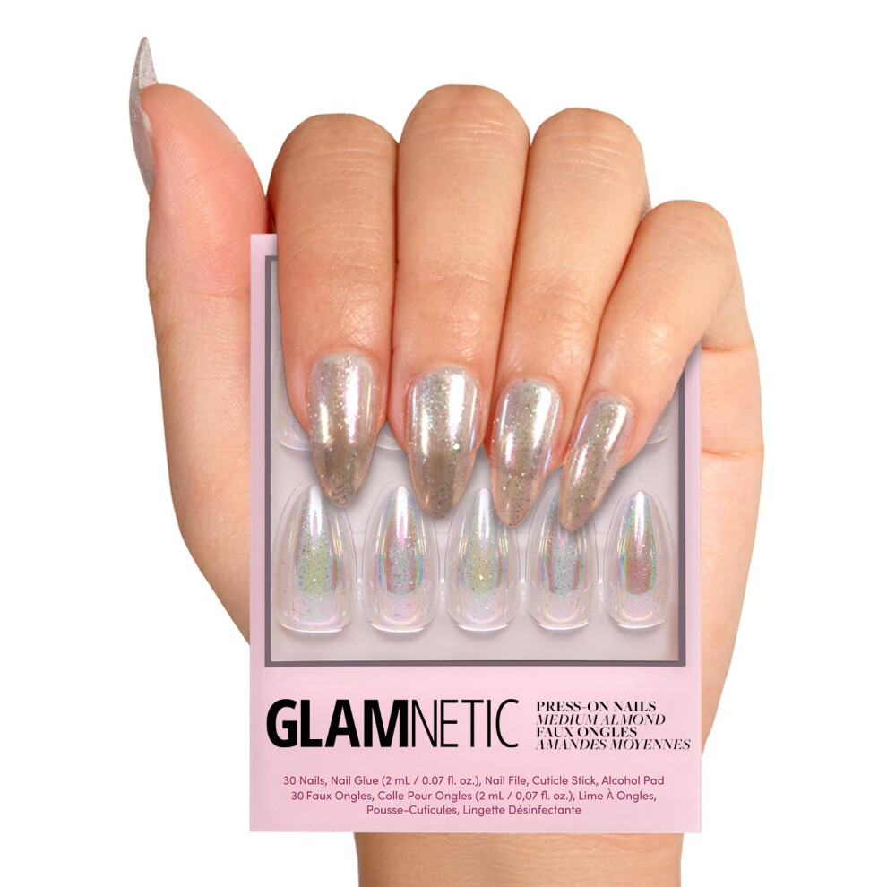 Glamnetic Press On Nails - Stardust | Medium Pointed Almond Holographic Fake Nails Reusable | 15 Sizes - 30 Nail Kit With Glue