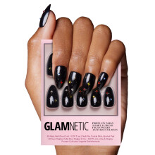 Glamnetic Press On Nails - Cometa de Inverno | Unhas curtas pretas amendoadas com pedras preciosas em basto reutilizvel brilhante em unhas post