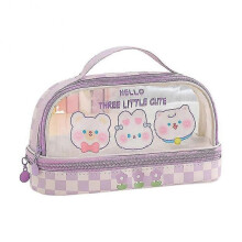 Double Layer Transparent Cartoon Pen Case with Handle Durable Pen Pouch Storage Bag for Adult Children