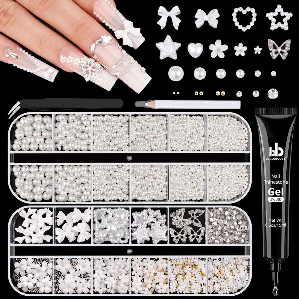 Belleboost Flatback Pearls And 3D Flowers With Rhinestones Glue Gel For Nail Art Pearl Nail Charms And Nail Blossom With Round Caviar Nail Beads Glass Rhin