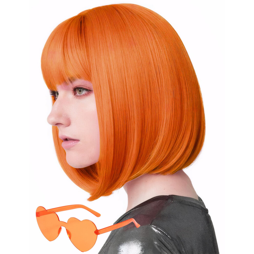 Miuskatl Unisex Orange Wig And Sunglasses 12 Inch Short Bob Wigs With Bangs For Women Costume Cosplay Party (Orange)