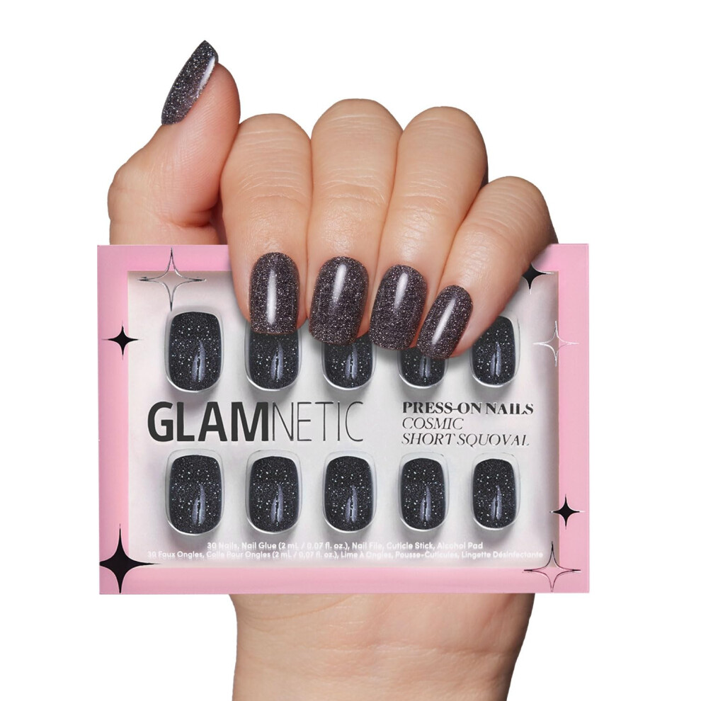 Glamnetic Black Press On Nails - Cosmic | Semi-Transparent Sparkly Short Squoval Fake Nails With A Glossy Finish, Reusable | 15 Sizes - 30 Nail Kit Wi