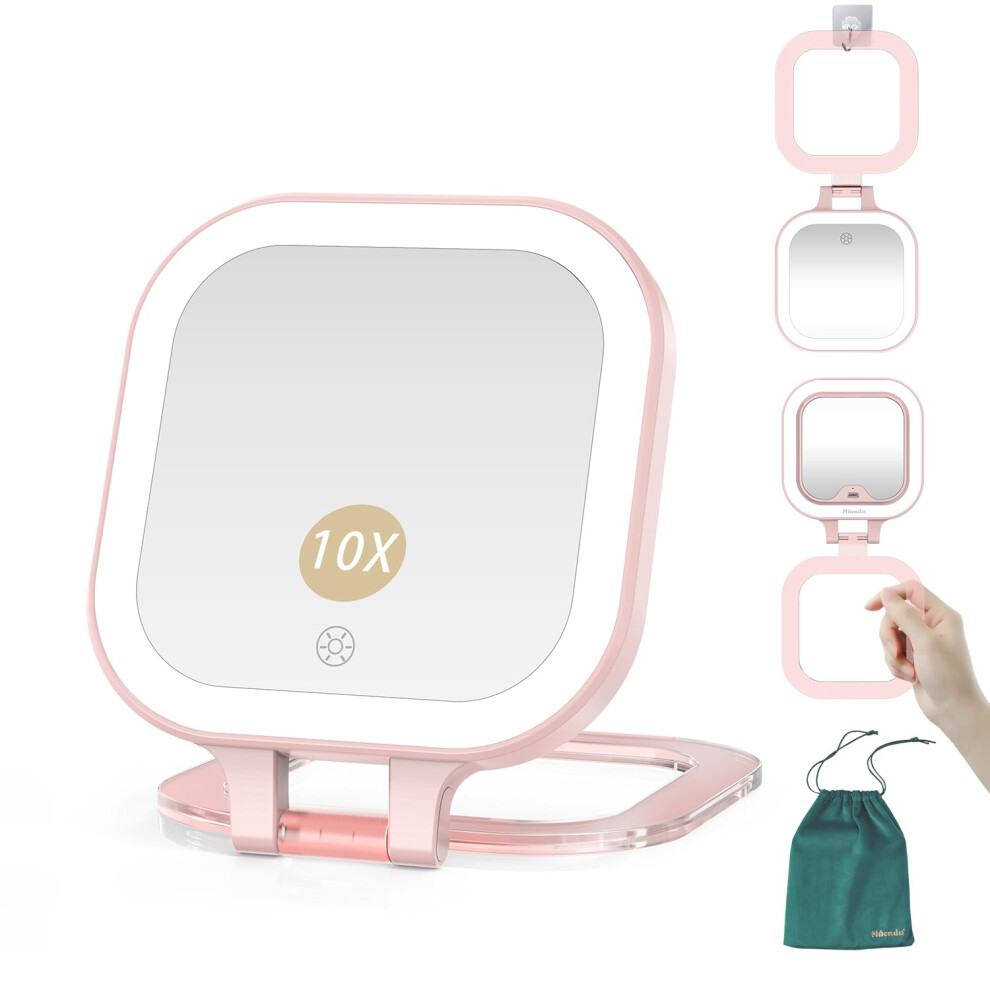 Mocado Light Compact Travel Makeup Mirror 1X/10X Magnifying Mirror With Double Sides Compact Mirror With 3 Color Dimmable Handheld Mirro