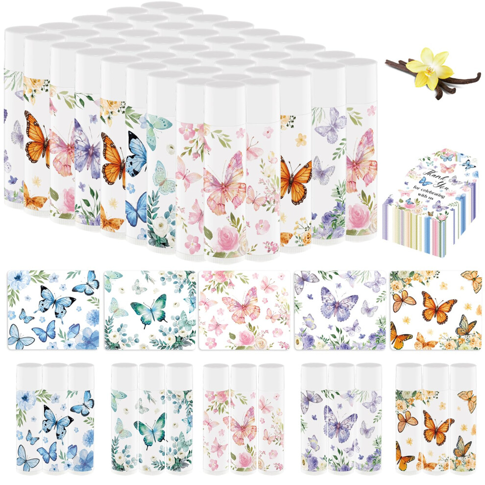 Nlicrst 50Pcs Butterfly Baby Shower Favors Lip Balm Bulk Thank You Gift For Women Staff Moisturizing Lip Care With Organza Bag And Tag For Bridal Shower