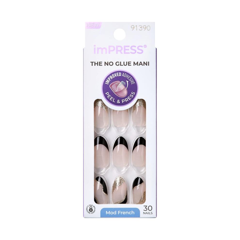 Impress Kiss No Glue Mani Press-On Nails, French, 'Illusion', Dark Neutral + Black Tip French, Medium Size, Almond Shape, Includes 30 Nails, Prep Pad,