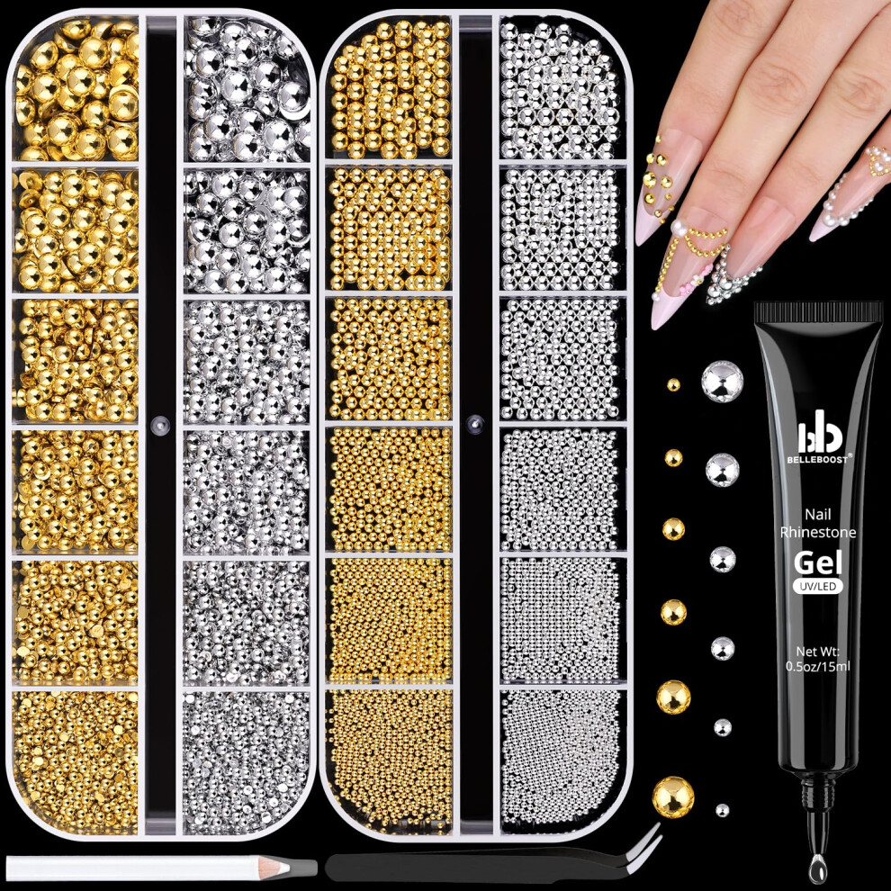Belleboost Silver/Gold Flatback Pearls And Metal Nail Beads For Nail Art (+Gold) With Rhinestone Glue Gel Luxurious Pearl Nail Charms And Small Round Caviar Bead