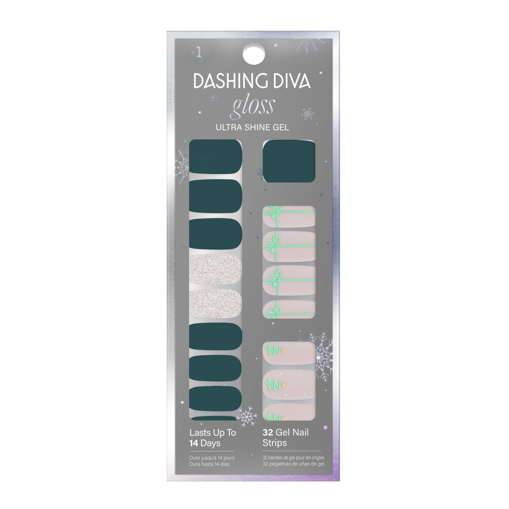 Dashing Diva Gloss Nail Strips - Tree Skirt | Uv Free Chip Resistant Long Lasting Gel Nail Stickers | Contains 32 Nail Wraps 1 Prep Pad 1 Nai
