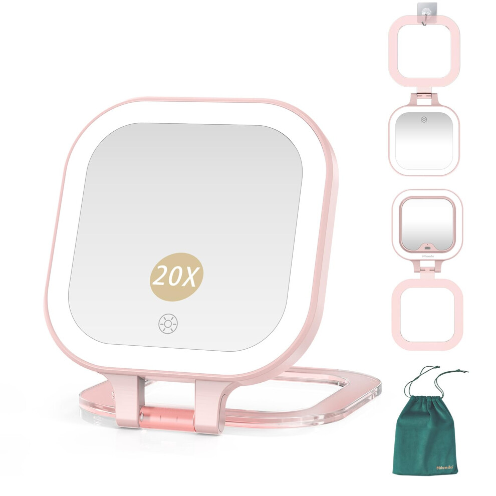 Mocado Light Compact Travel Makeup Mirror 1X/20X Magnifying Mirror With Double Sides Compact Mirror With 3 Color Dimmable Handheld Mirro